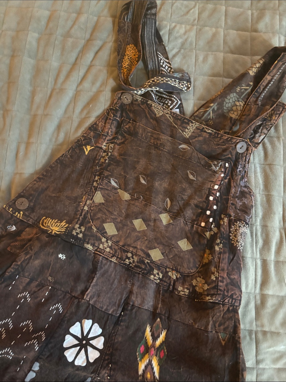 Blue Sky Brown Patchwork Boho Cotton Jumpsuit Romper - Picture 3 of 5